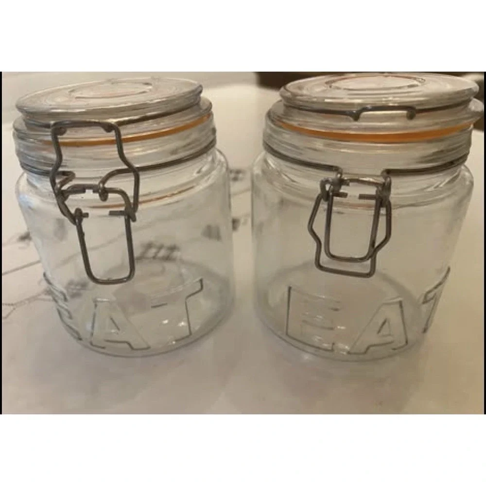 Two Glass Jars Hinged Lid with Rubber Gasket and Metal Clasp Airtight Seal EAT